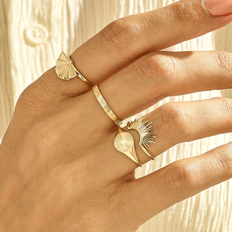 Solid Gold Sun Signet Ring, 14k Sunburst Statement Ring, Minimalist Sunrise Pinky Ring, Dainty Midi Ring For Women, Handmade Jewelry Gifts image 5