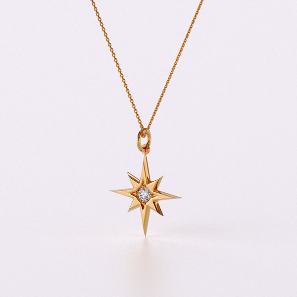 Diamond North Star Pendant, Solid Gold Star Charm Necklace, 14k Dainty Celestial Necklace Pendant Women, Minimalist Compass Necklace