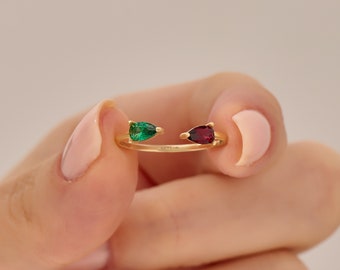 Open Pear Garnet Emerald Ring | 14k Solid Gold Stacking Ring Enhancer | Red & Green Gemstone Gap Ring | Womens Front Cuff Statement Ring