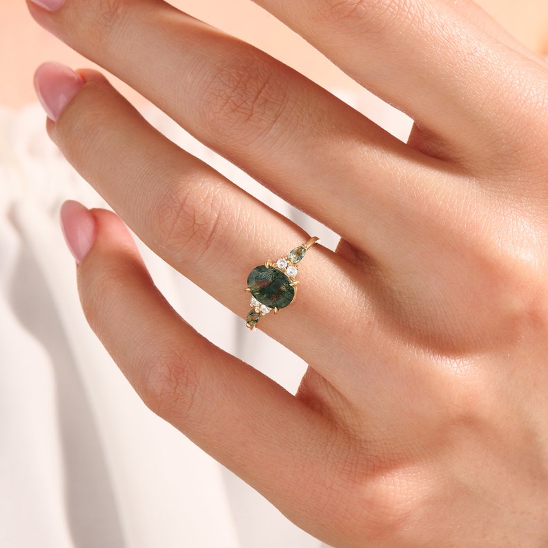 14k Accented Moss Agate Engagement Ring, Solid Gold Vintage Oval Anniversary Ring, Aquatic Green Proposal Ring, Mothers Solitaire Gift Ring image 3