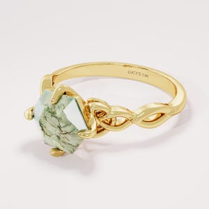 Hexagon Moss Agate Ring Celtic Knot Engagement Ring 14k Solid Gold Solitaire Gemstone Promise Ring for Her Unique Jewelry Gift Band for Mom