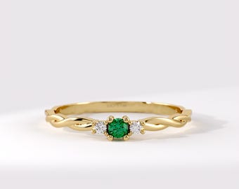 14k Solid Gold Emerald Ring • Twisted Band Minimalist Solitaire • Tiny Green Gem Promise Ring for Women • Dainty Stackable Jewelry Gift