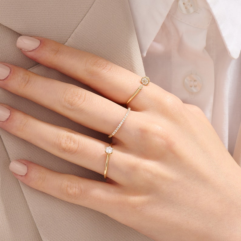 Diamond Thin Ball Stacking Ring, 14K Minimalist Wedding Rings for Women, Tiny Diamond Eternity Ring, Solid Gold Ring Enhancer, Gift for Her image 3