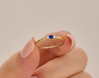 Sapphire Minimal Solitaire Ring | Twist Promise Ring in 14k-18k-10k Solid Gold | Two Tiny Birthstone Ring | Braided Blue Gemstone Ring Women