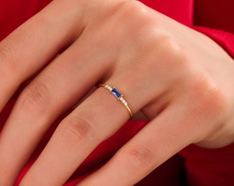 Diamond Baguette Sapphire Engagement Ring | 14K Solid Gold Sapphire Ring Women |Baguette Sapphire Ring | Dainty Statement Ring Real Gold