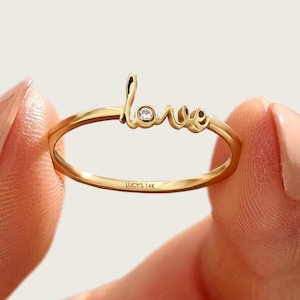 Diamond Love Ring, 14k Gold Love Script Ring for Women, Solid Gold Promise Ring for Her, Dainty Gold Ring, Unique Jewellery Gift