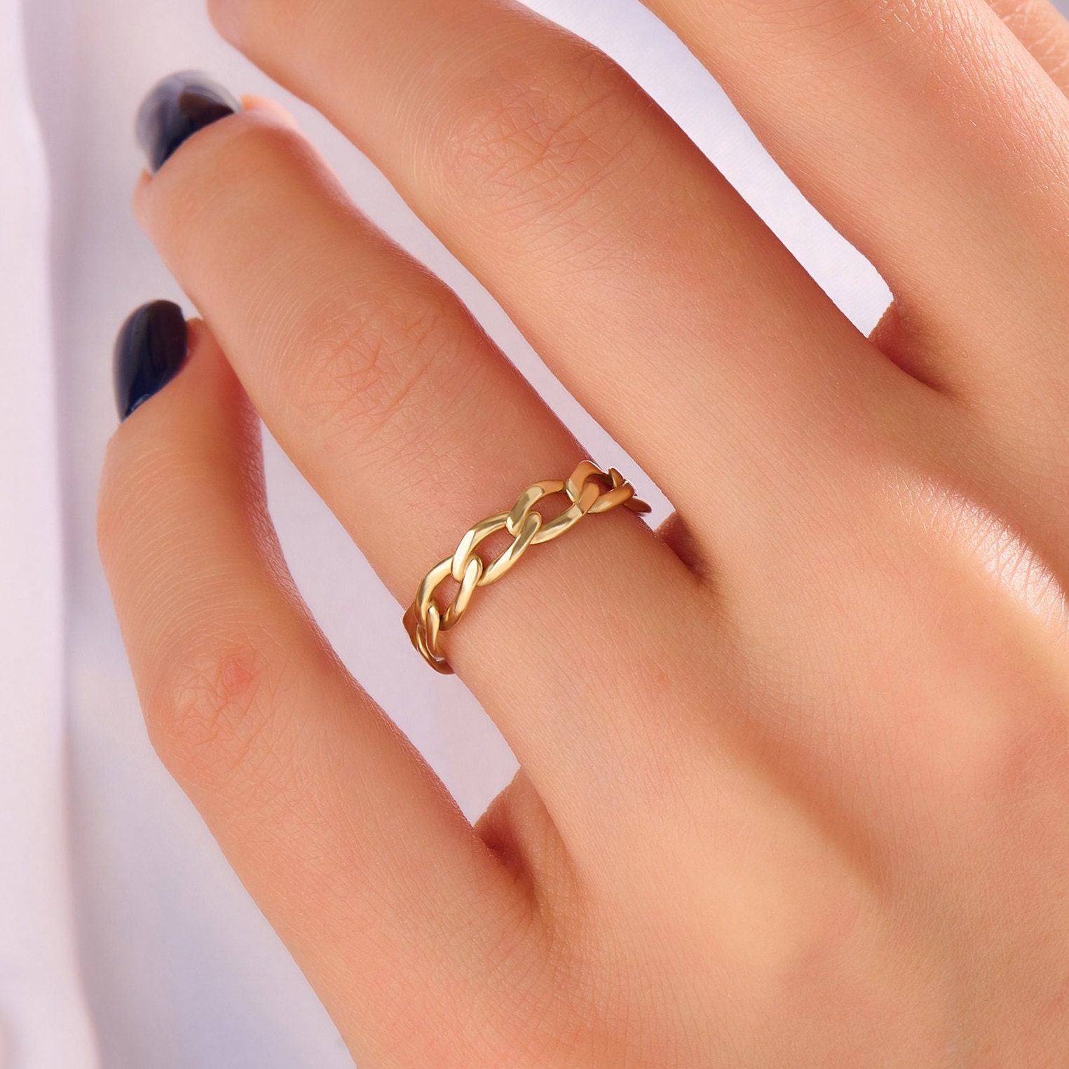 女性用 14K ゴールドリング、ゴールドチェーンリング、上品な