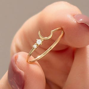 14K Solid Gold Crescent Moon Diamond Ring, Dainty Celestial Minimalist Stackable Ring, Unique Promise Birthday Gift for Women
