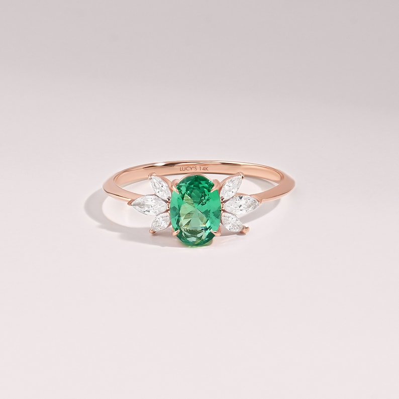 14k Emerald Ring,Solid Gold Flower Solitaire Ring, Oval Engagement Ring Women, Green Floral Ring with Diamonds, May Birthstone Rings for Her image 5