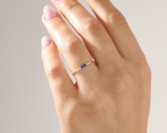 14k Solid Gold Sapphire Ring – Dainty Baguette Engagement Band, Blue September Birthstone Stackable Ring