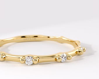 Dainty Diamond Ring, 14K Solid Gold Station Band, Minimalist Diamond Wedding Band, Thin Stackable Ring, Delicate Promise Ring for Her
