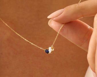 Sapphire Necklace, 14K Solid Gold Two Stone Pendant, Pear Cut Blue Sapphire and Diamond Necklace, Dainty Everyday Gift for Her