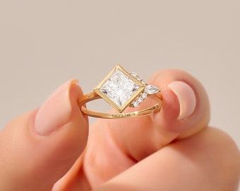 1.8CT Princess Moissanite Engagement Ring, Solid Gold Bezel Set Ring Women, Unique Anniversary Ring with Accent, 14K Chunky Solitaire Ring