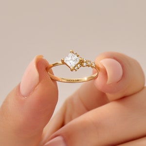 14k Gold Diamond Square Solitaire Ring, Solid Gold Engagement Ring Women, Vintage Style Promise Ring, Unique Princess Cut Real Diamond Ring