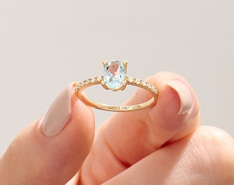14k Aquamarine Oval Solitaire Ring with Half Eternity Diamond, Solid Gold Engagement Ring Women, Accented Light Blue Gemstone Jewelry Ring