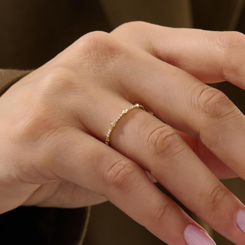 Dainty Diamond Stacking Ring 14K Solid Gold Pave Band Minimalist Ring ...