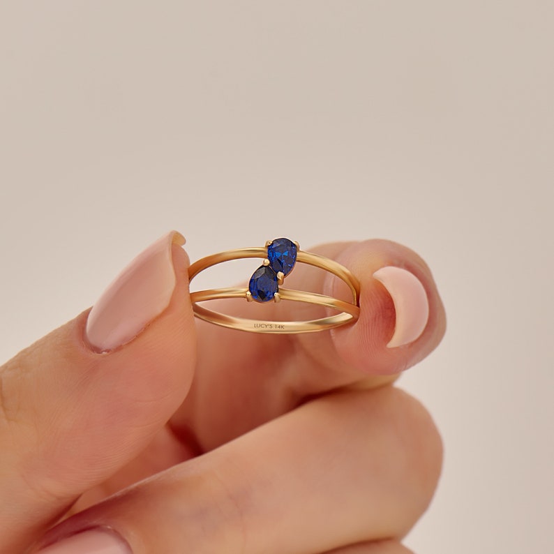 Split Shank Sapphire Engagement Ring 14k Solid Gold Unique Statement Ring Pear Shape Blue Gemstone Ring Two Small Stone Ring Women image 1