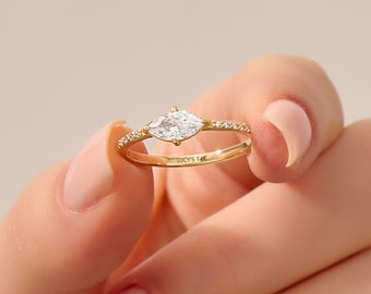 Moissanite Marquise Ost West Ring | 14k Solid Gold seitlich Verlobungsring | Minimalist Ring Damen | Akzentuierter Jubiläumsring