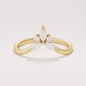 14K Solid Gold Marquise Tiara Ring, Diamond Lotus Crown Band, Curved Floral Wedding Band, Unique Chevron Stacking Ring, Gift For Her