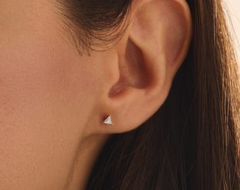 Moissanite Stud Earrings, 14K Solid Gold Triangle Cut Piercings, Minimalist Geometric Jewelry, Simple Moissanite Studs, Gift For Her