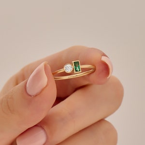 Diamond and Emerald Ring, 14k Simple Toi Et Moi Engagement Ring, Solid Gold Minimalist Promise Ring, May April Birthstone Ring, Two Stone