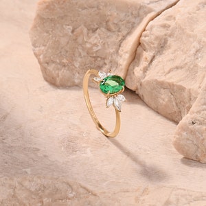 14k Emerald Ring,Solid Gold Flower Solitaire Ring, Oval Engagement Ring Women, Green Floral Ring with Diamonds, May Birthstone Rings for Her image 7