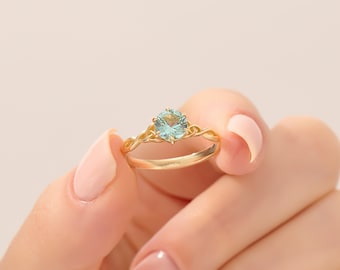 14k Gold Mint Blauer Turmalin Ring, Solid Gold Kristall Solitär Ring, Rundschliff Verlobungsring, Irischer Knoten Edelstein Ring für Frauen, Geschenk für sie