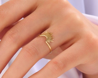 14k Sunshine Ring, Solid Real Gold Half Sun Stackable Band Women, Minimalist Sunburst Ring Enhancer, Delicate Nesting Ring for Engagement