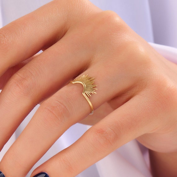 14k Sunshine Ring Solid Real Gold Half Sun Stackable Band Women
