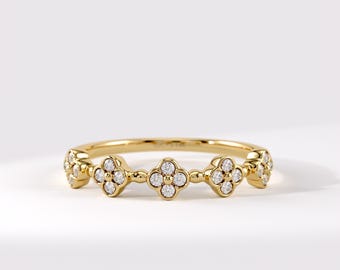 Flower Cross Ring, Dainty Diamond Clover Ring 14K Solid Gold, Floral Faith Ring for Women, Natural Diamond Daisy Band, Christian Gift
