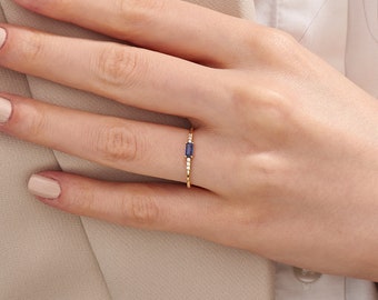 14k Gold Baguette Sapphire Ring, Solid Gold Sapphire Engagement Ring Women, Dainty Birthstone Ring, Blue Stacking Ring Sapphire Diamond Ring