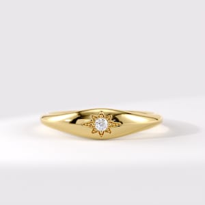 Diamond Starburst Pinky Ring, 14k Solid Gold Small Signet Ring, Womens Stacking Ring, Tiny Diamond Celestial Ring, Dainty Real Gold Ring Her