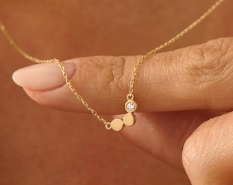 Diamond Circle Necklace, 14K Solid Gold Bezel Natural Diamond Necklace, Dainty Three Disc Necklace, Everyday Fine Jewelry, Gift For Her