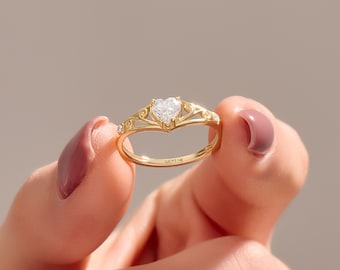Heart Moissanite Promise Ring, 14K Vintage Style Engagement Ring, Solid Gold Filigree Celtic Ring Women, Dainty Antique Love Knot Ring