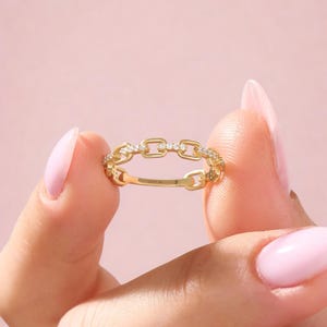 14K Solid Gold Diamond Chain Link Ring Stackable Eternity Band for Women