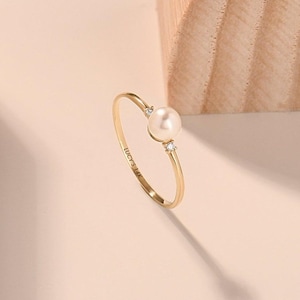 14K Solid Gold Pearl and Diamond Ring, Minimalist Freshwater Pearl Engagement Ring for Women, Dainty Three Stone Ring, June Birthstone Gift