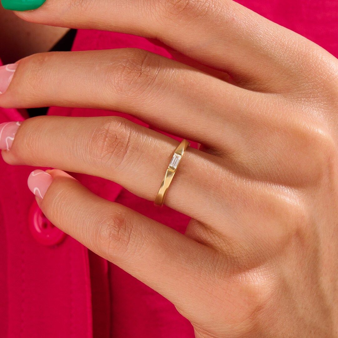 14k Gold Baguette Diamond Promise Ring Solid Gold Simple Solitaire Ring