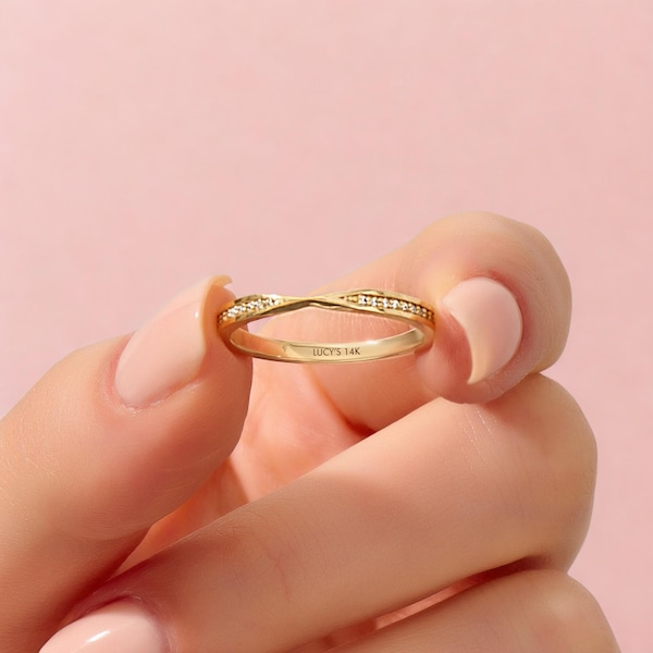14k Solid Gold Diamond Nesting Wedding Band, Pave Half Eternity Enhancer, Stackable Gold Bridal Jewelry, Curved Promise Ring for Her