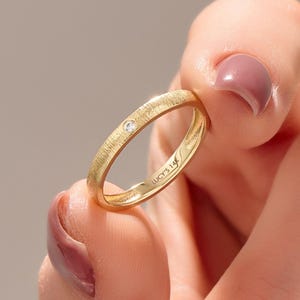 Brushed Gold Wedding Band Women, Solid Gold Solo Diamond Ring, Minimalist Textured Handmade