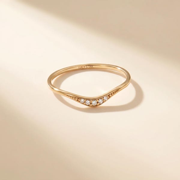 14K Solid Gold Curved Milgrain Ring, Diamond Wishbone Wedding Band, Unique Granulated Stacking Ring, Dainty Nesting Band, Anniversary Gift