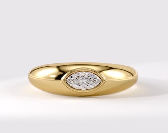 Moissanite Dome Ring in Solid 14k Gold – East West Marquise Bezel Statement Ring for Women, Chunky Pinky Signet, Handmade Gold Jewelry