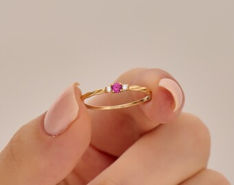 Minimalist Ruby Solitaire Ring | 14k Solid Gold Small Promise Ring | Pink Gemstone Petite Ring Women | Twisted Band Tiny Stacking Ring