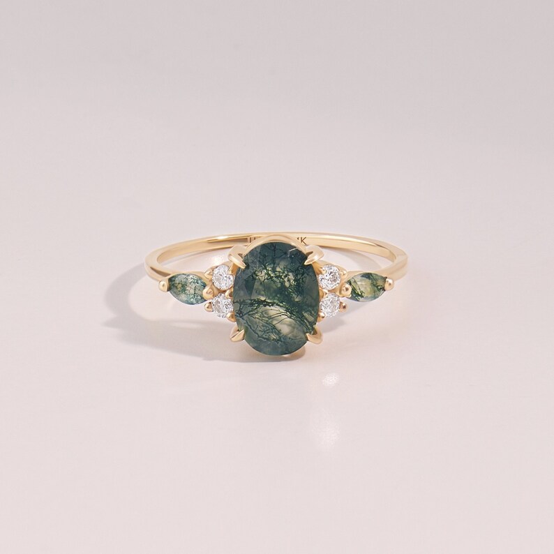 14k Accented Moss Agate Engagement Ring, Solid Gold Vintage Oval Anniversary Ring, Aquatic Green Proposal Ring, Mothers Solitaire Gift Ring image 1