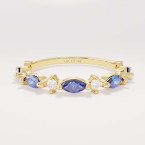 Lab Diamond Marquise Sapphire Band Ring 14k Solid Gold Blue Gemstone Eternity Wedding Ring Women’s Fine Stacking Anniversary Jewelry