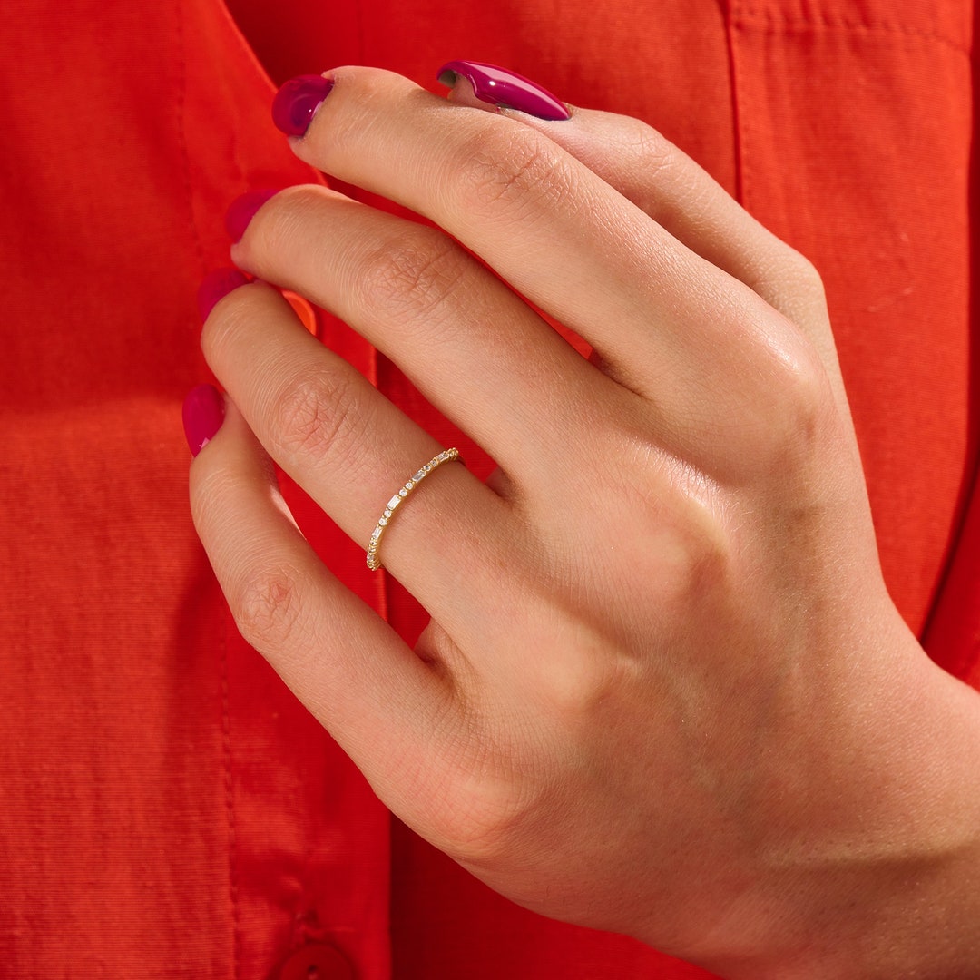 Diamond Minimal Baguette Wedding Ring Simple Eternity Band Women Thin