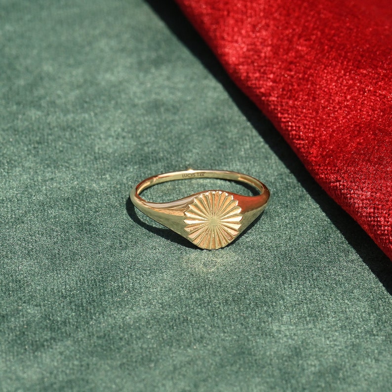 Solid Gold Sun Signet Ring, 14k Sunburst Statement Ring, Minimalist Sunrise Pinky Ring, Dainty Midi Ring For Women, Handmade Jewelry Gifts image 7