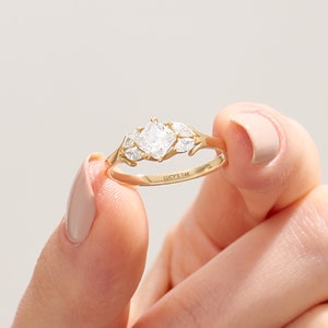 Moissanite Floral Engagement Ring, 14k 18k 10k Solid Gold Flower Ring Woman, Nature Inspired Moissanite Ring, 1.2 Ct Anniversary Ring