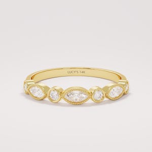 Moissanite Wedding Ring for Women in 14K Solid Gold – Half Eternity Bezel Set Stacking Band, Art Deco Inspired Gold Ring for Her
