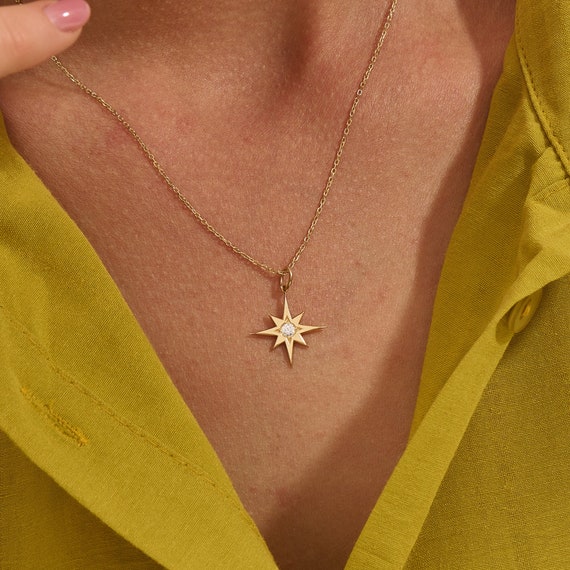 Diamond North Star Pendant 14k Solid Gold Star Charm Necklace