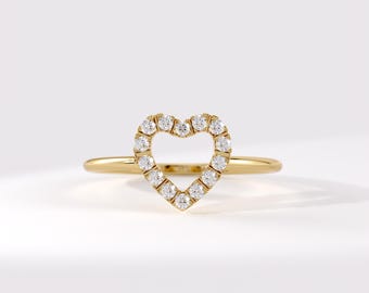 Dainty Heart Ring, Moissanite Open Heart Ring 14K Solid Gold, Minimalist Promise Ring for Her, Pave Gold Stacking Ring, Love Ring Gift
